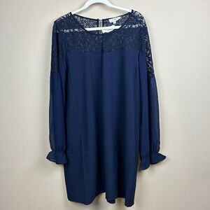 Umgee+ 1X Navy Blue Short Dress Lace Detail LS Flowy Comfort Feminine Event‎